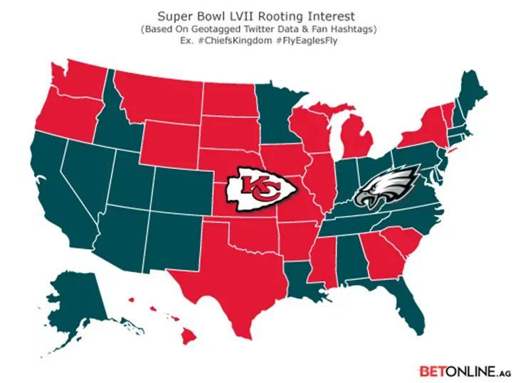 Mapa del apoyo a Chiefs y Eagles para el Super Bowl