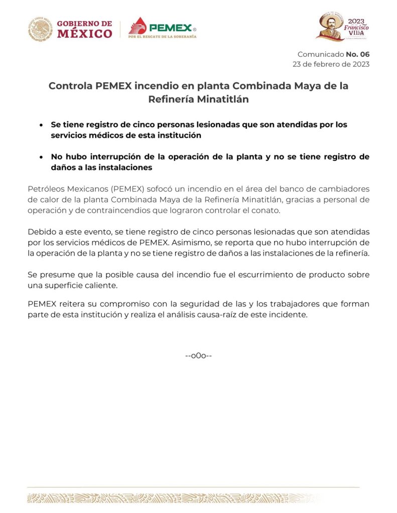 Un comunicado de Pemex sobre el incendio en la refinería Lázaro Cárdenas, en Minatitlán, Veracruz