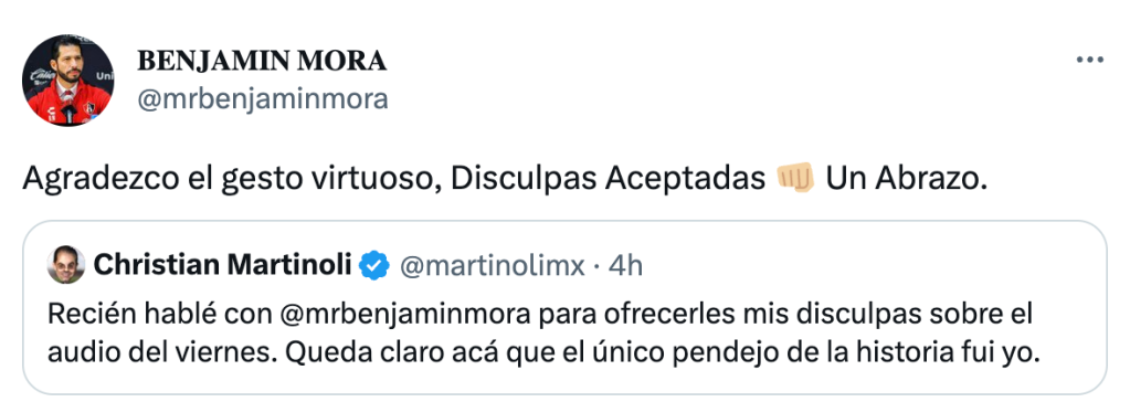 Benjamin Mora aceptó las disculpas de Martinoli
