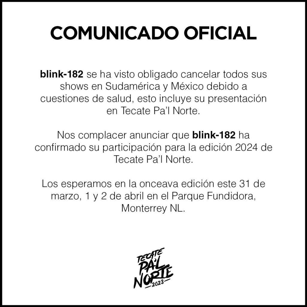 Blink 182 cancela gira por Sudamérica y conciertos en México
