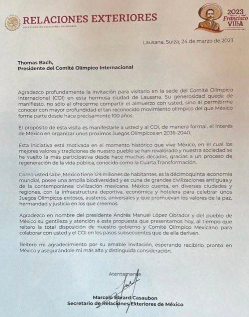 La carta que oficializa la intención de México para ser sede de los Juegos Olímpicos