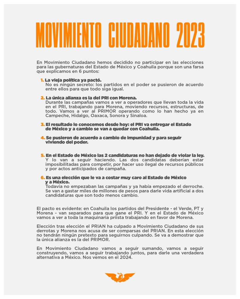 Un comunicado de Movimiento Ciudadano sobre las elecciones de Estado de México y Coahuila