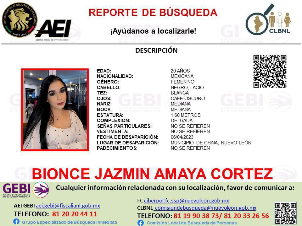 Cádaver hallado en predio es de Bionce Amaya Cortéz, joven desaparecida en Nuevo León