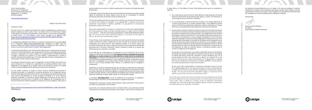 Este el documento en el Tebas pide a La Vanguardia corregir su información