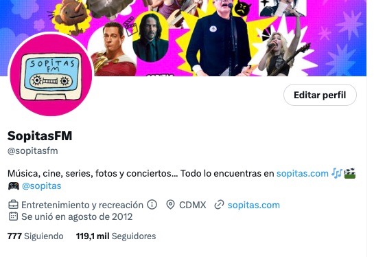 Twitter Sopitas FM sin verificación