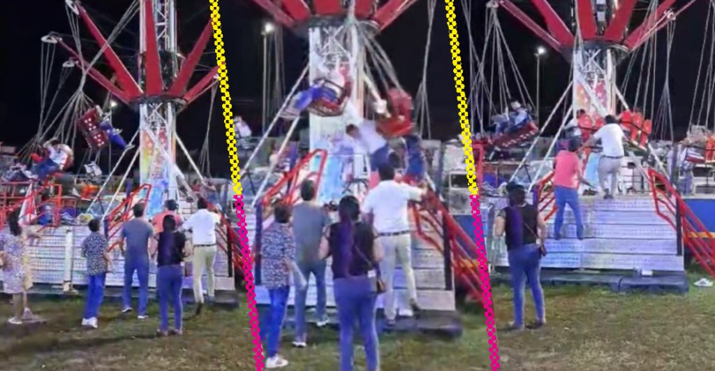 Falla juego mecánico en Feria de Comalcalco y deja colgando sin control a sus triipulantes