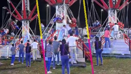 Falla juego mecánico en Feria de Comalcalco y deja colgando sin control a sus triipulantes