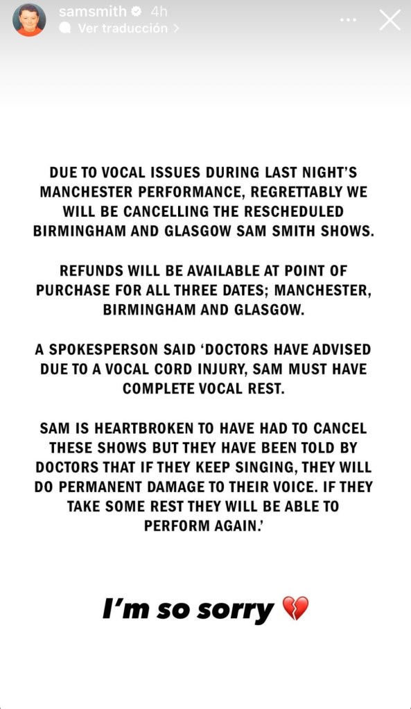 Sam Smith canceló un concierto después de cantar 4 rolas y esto fue lo que pasó