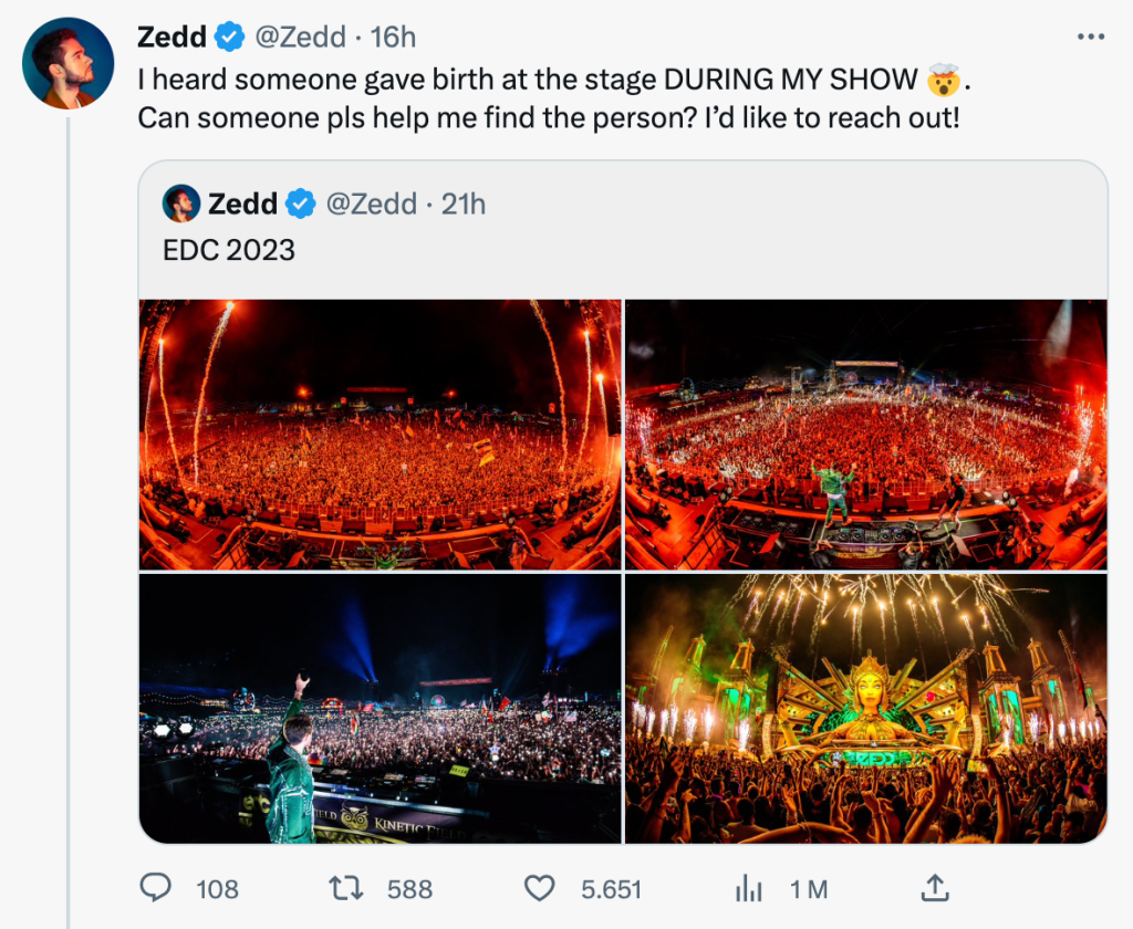 Zedd felicita a una mujer que dio a luz durante su show en EDC