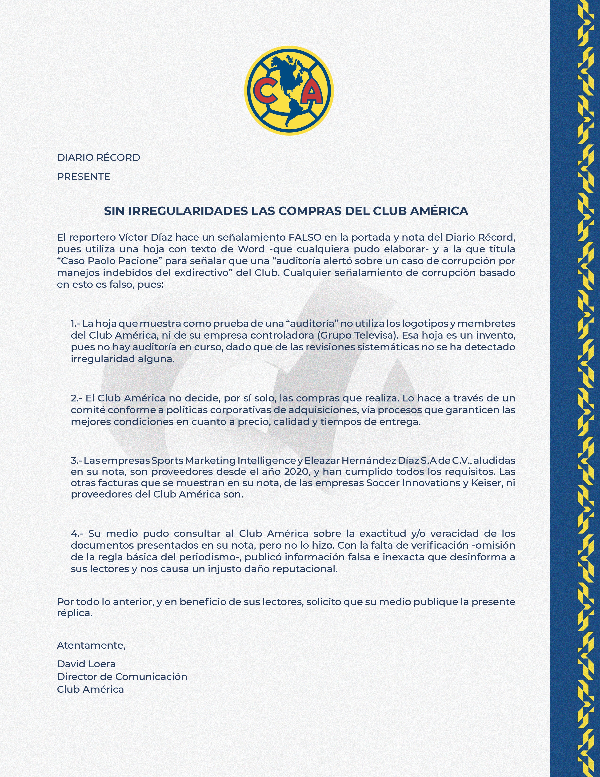 América desmiente investigación por presunta corrupción