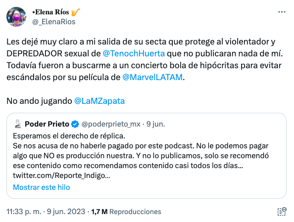 tuit de María Elena Ríos