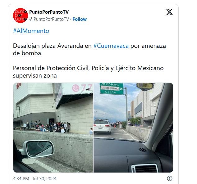 Reportan amenaza de bomba en Plaza comercial Averanda de Cuernavaca