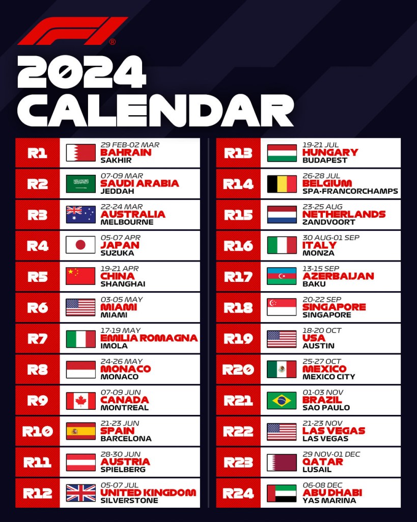Listo el calendario de la Fórmula 1 para la temporada 2024