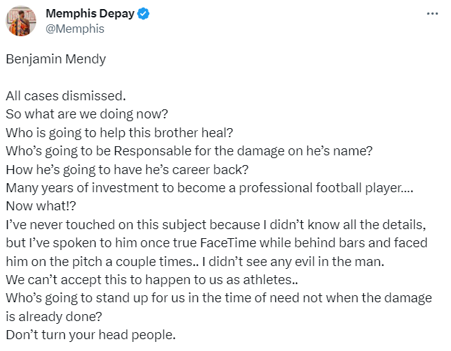 Memphis Depay y su mensaje por Benjamin Mendy tras ser absuelto de violación