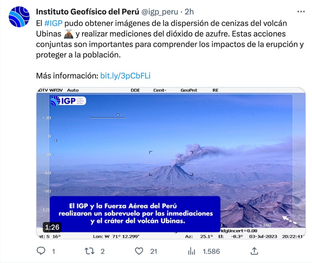 Perú declara emergencia por el volcán Ubinas, el más activo de la región