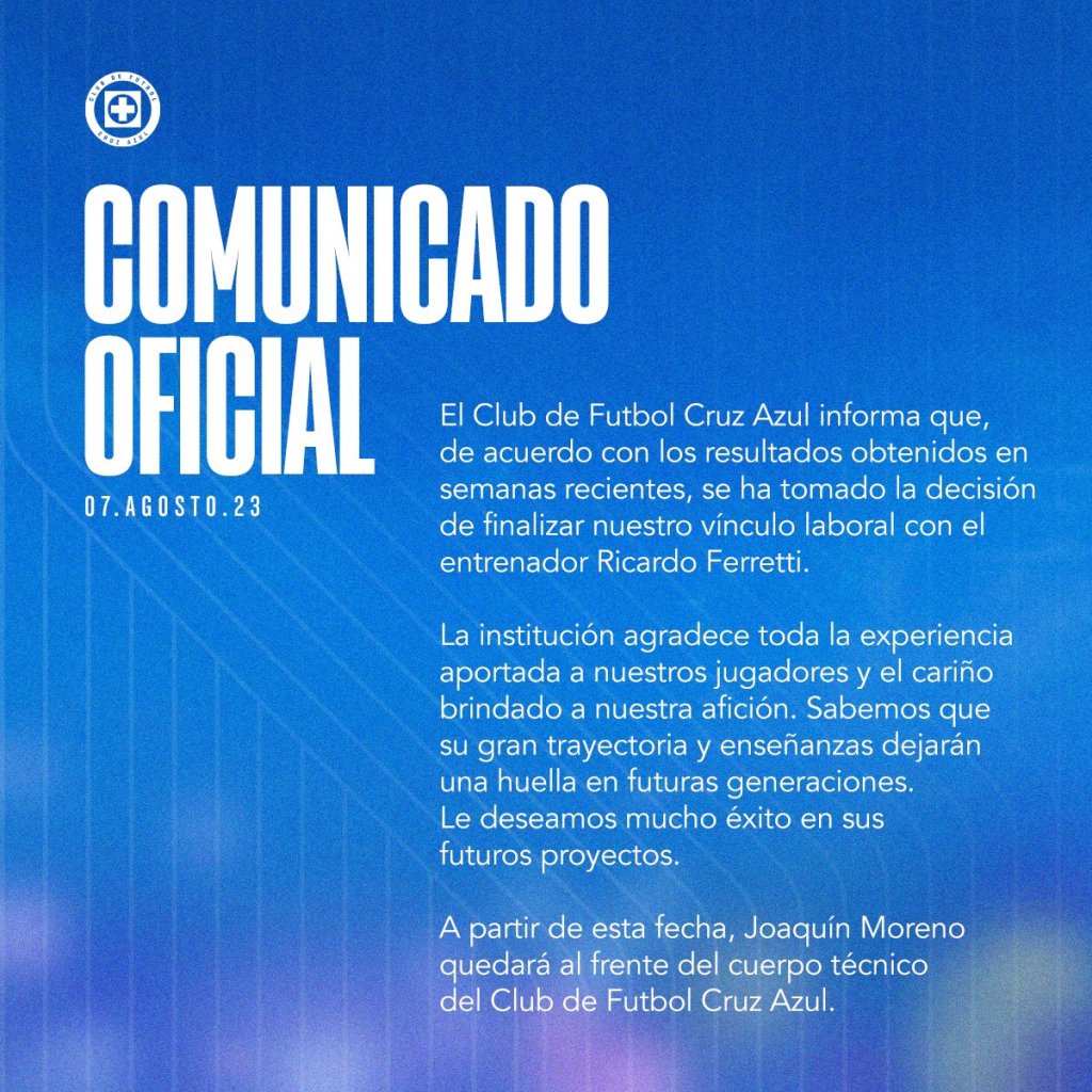 Comunicado oficial de Cruz Azul sobre Tuca 