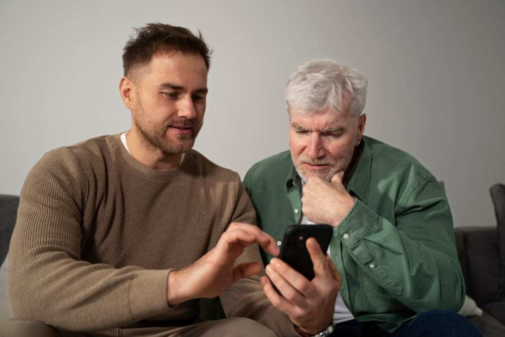 joven le enseña a adulto mayor a usar un smartphone