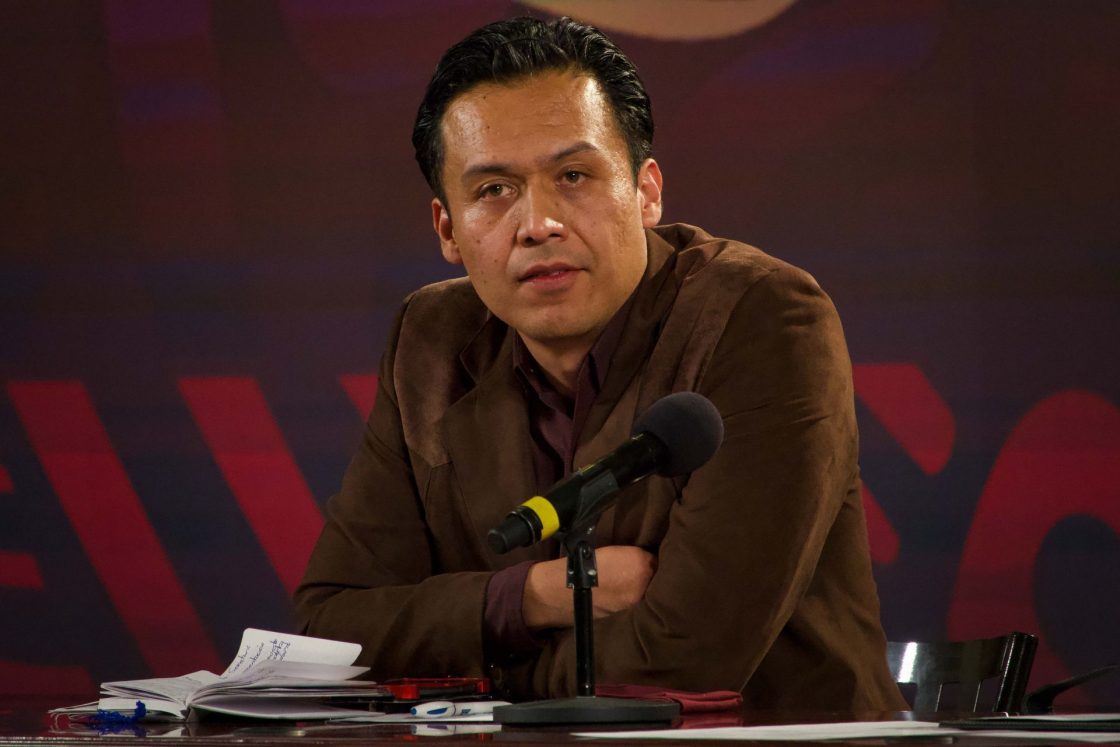 Marx Arriaga Navarro, durante la presentación de los nuevos libros de la SEP en Palacio Nacional.