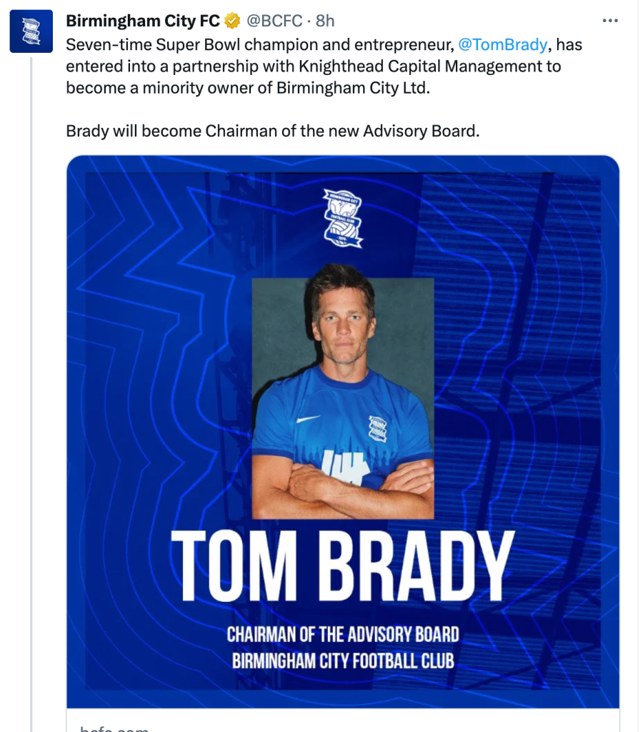 What will be Tom Brady's role as minority owner of Birmingham City?