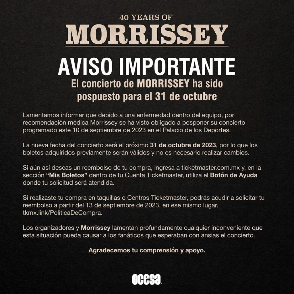 No podía saberse: Morrissey pospone concierto en México