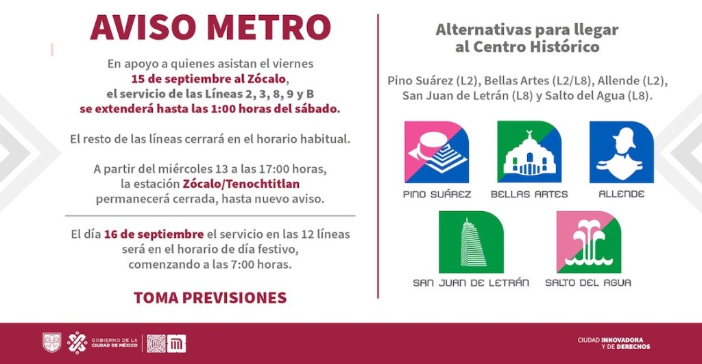 Horarios del Metro y Metrobús este 15 y 16 de septiembre en CDMX