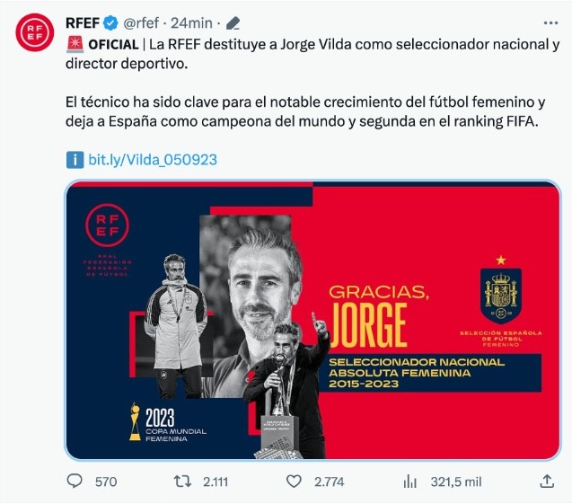 La RFEF hace oficial el despido de Jorge Vilda