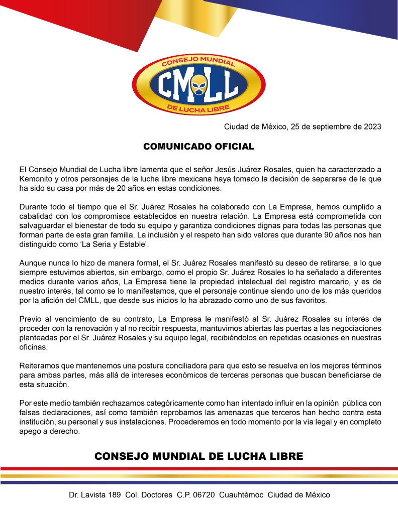 Comunicado oficial del CMLL tras la demanda del KeMonito 