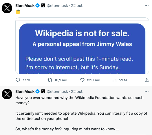 La extraña petición que Elon Musk le hace a Wikipedia para darle 1 billón de dólares