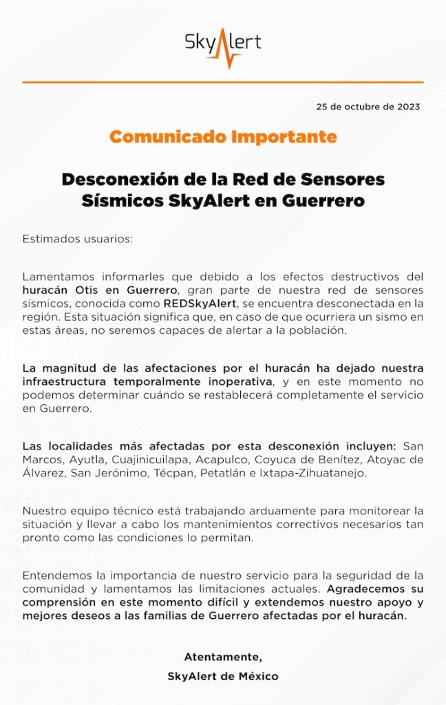 Sensores sísmicos de SkyAlert se caen en Guerrero por huracán Otis