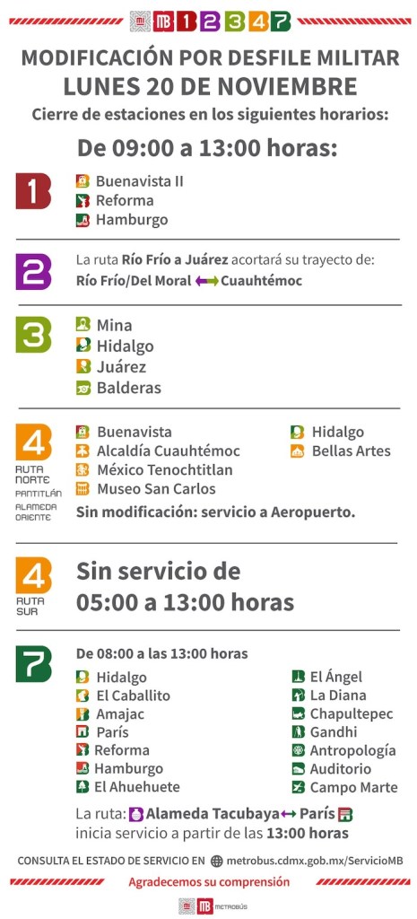 Horarios del Metro y Metrobús en 20 de noviembre