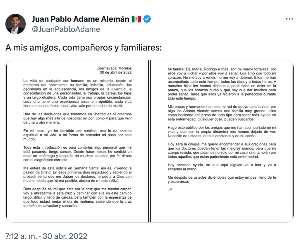 “El cáncer no dio tregua”: La carta del senador Juan Pablo Adame desde cuidados paliativos 