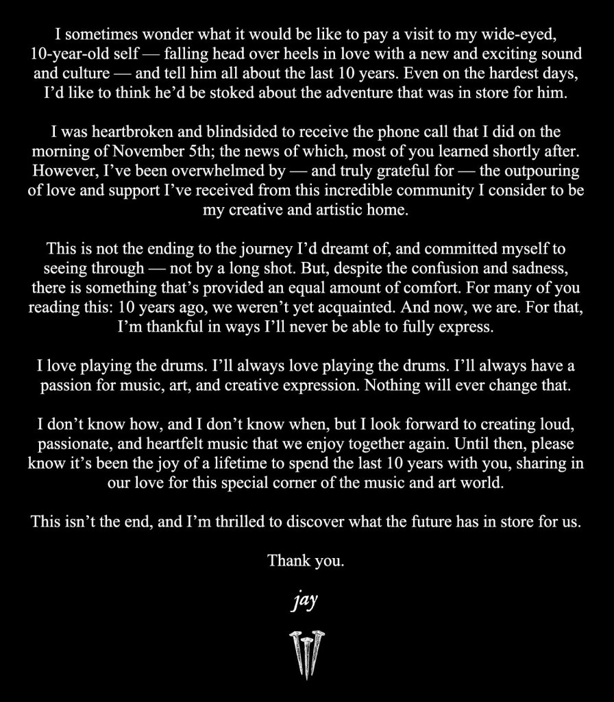 Jay Weinberg por fin publicó un mensaje sobre su salida de Slipknot
