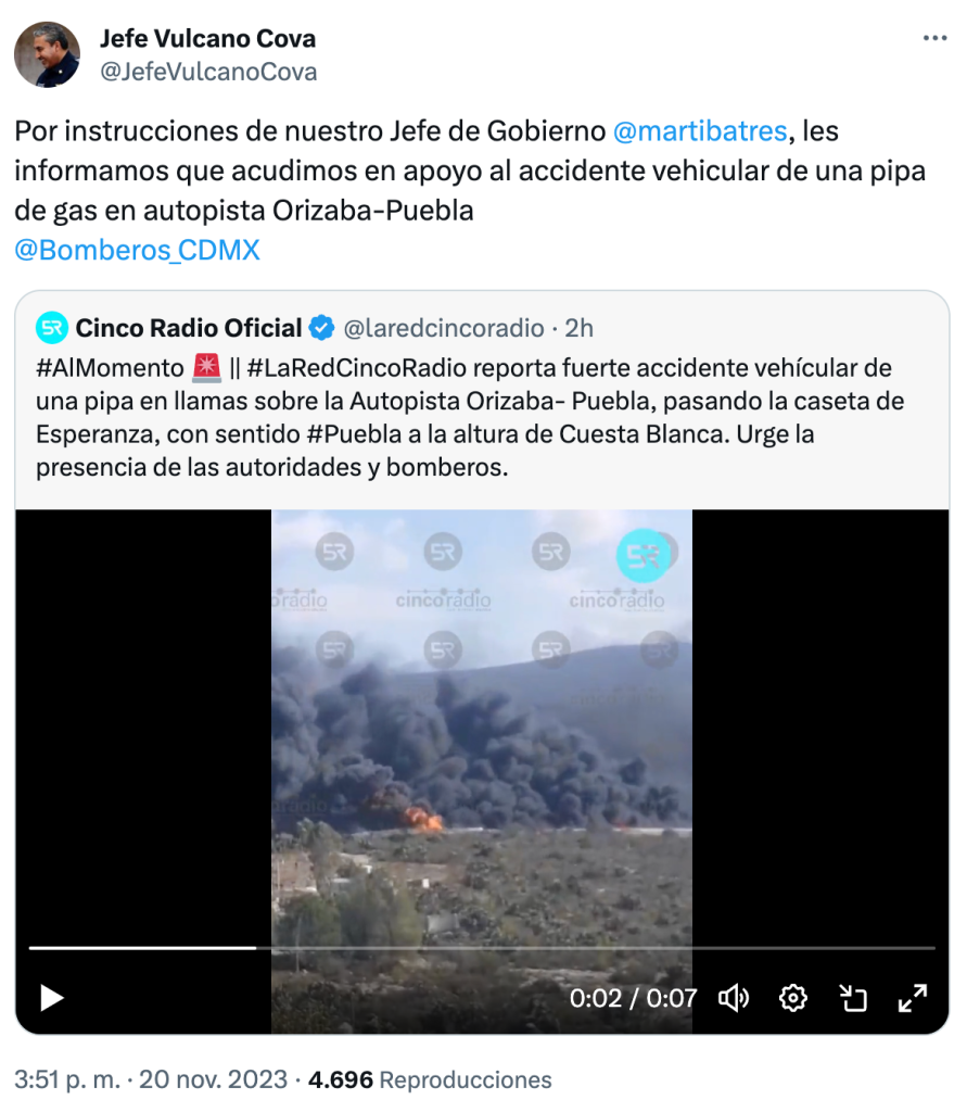 Dos pipas explotaron en la autopista Orizaba-Puebla y no hay paso