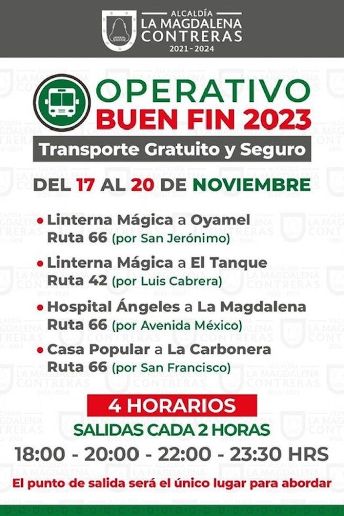 Rutas del transporte gratis por el Buen Fin 2023 en la Magdalena Contreras
