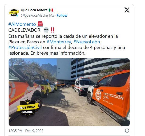 Cae elevador en plaza Sikara de Monterrey y mueren 4 trabajadores