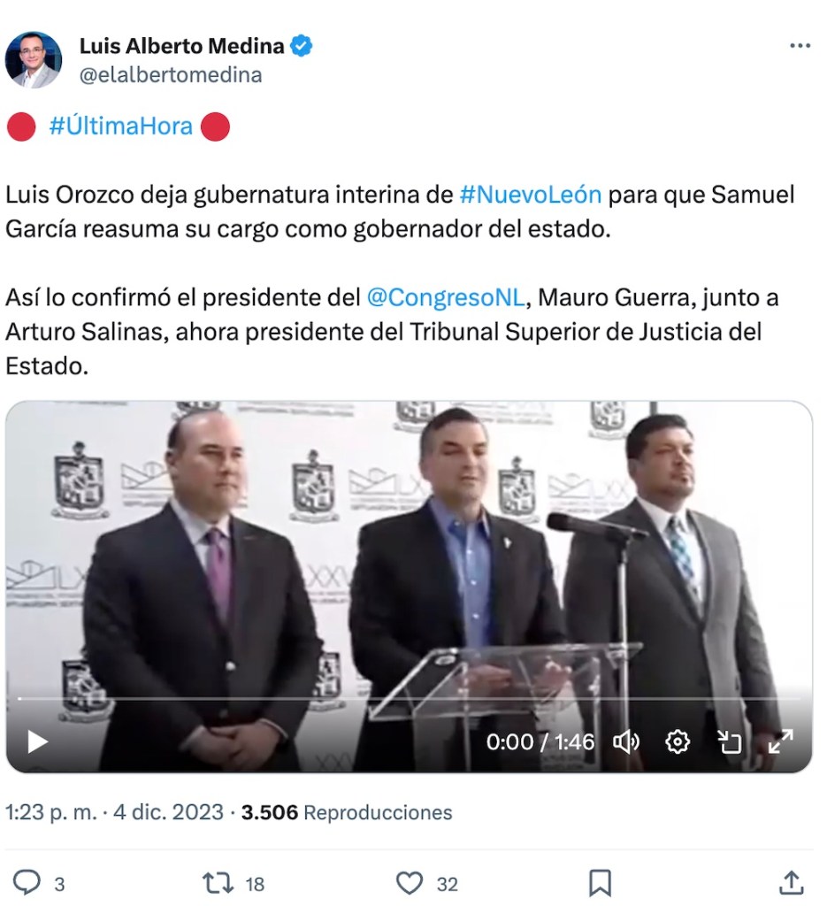 Samuel García es otra vez el gobernador de Nuevo León; Congreso dice que siempre sí