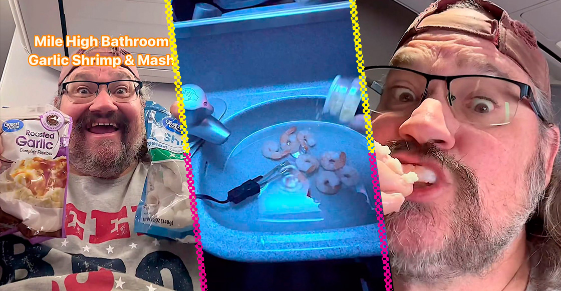 El video de un tipo que cocina camarones en el baño de un avión