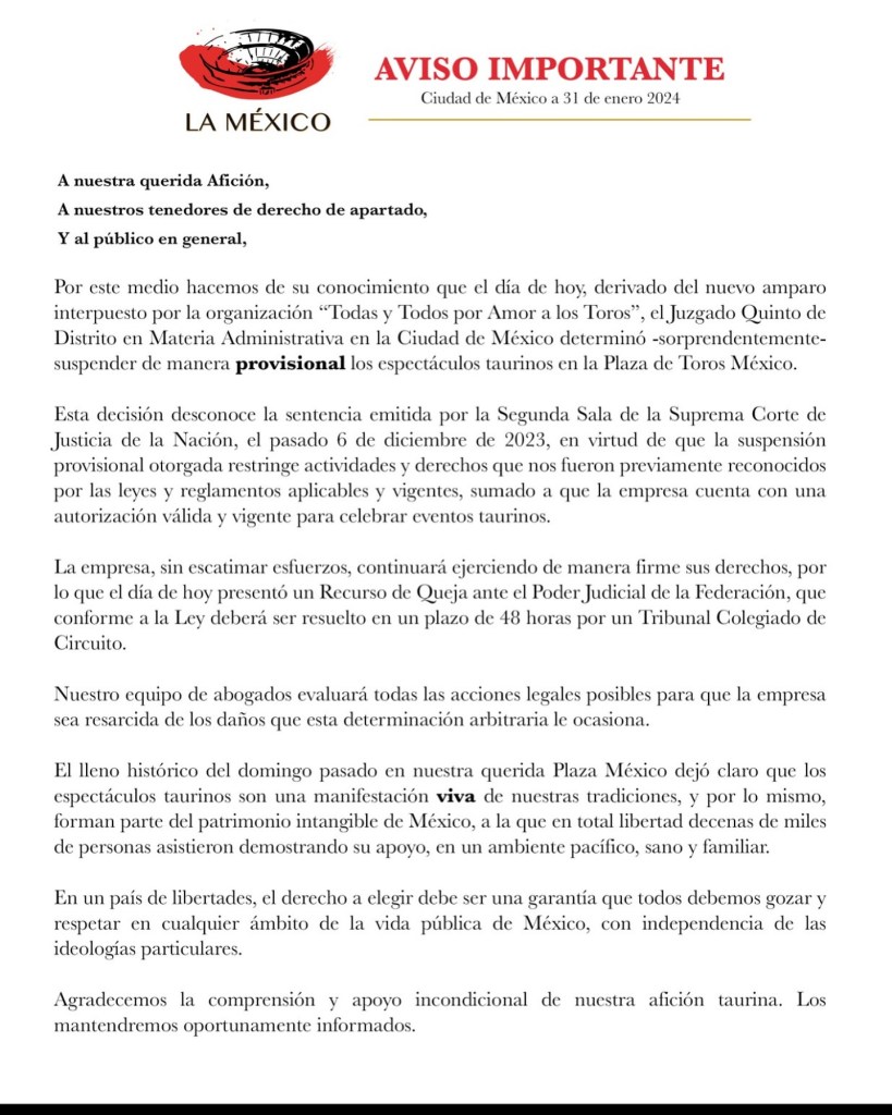 El comunicado de la Plaza México sobre la nueva suspensión de corridas de toros.