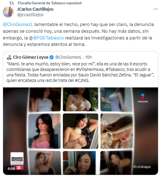 Investigan secuestro de 9 escorts colombianas en Tabasco por parte del CJNG