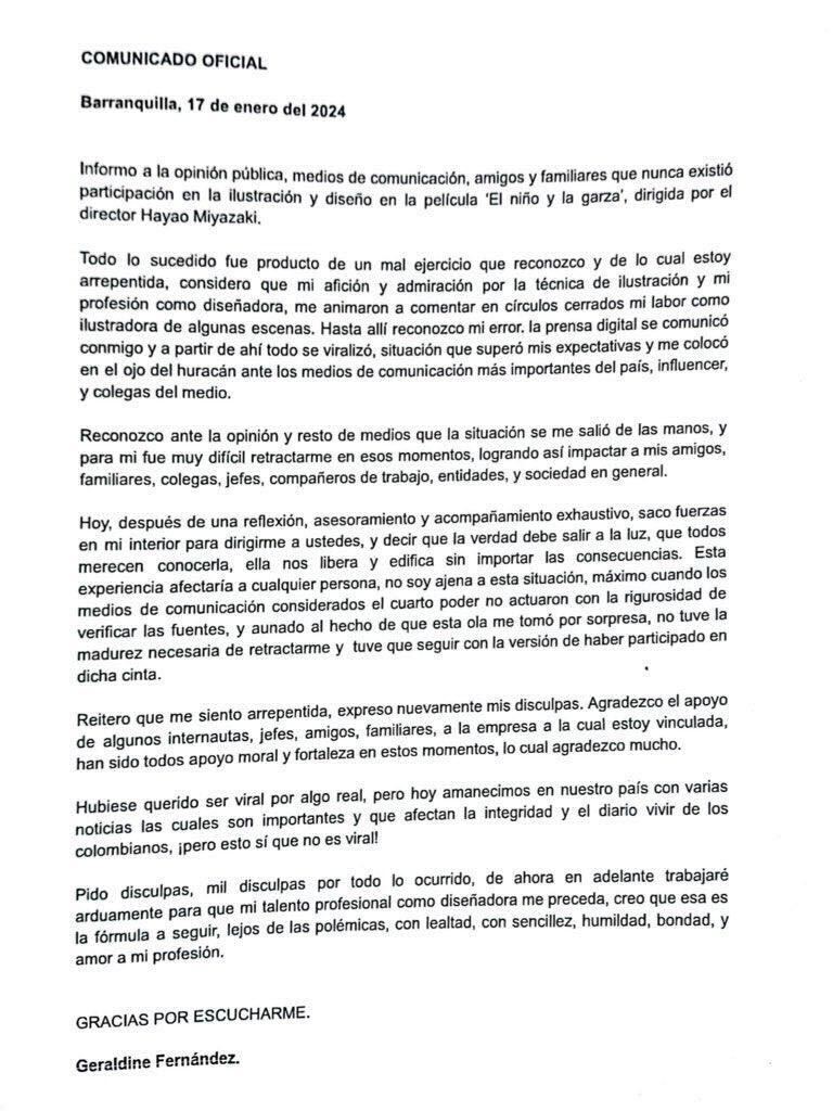 La historia viral de Geraldine Fernández, la colombiana que mintió sobre su trabajo en 'El niño y la garza' de Studio Ghibli