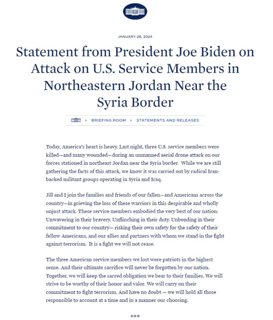 Joe Biden culpa a Irán de ataque que mató a tres soldados estadounidenses