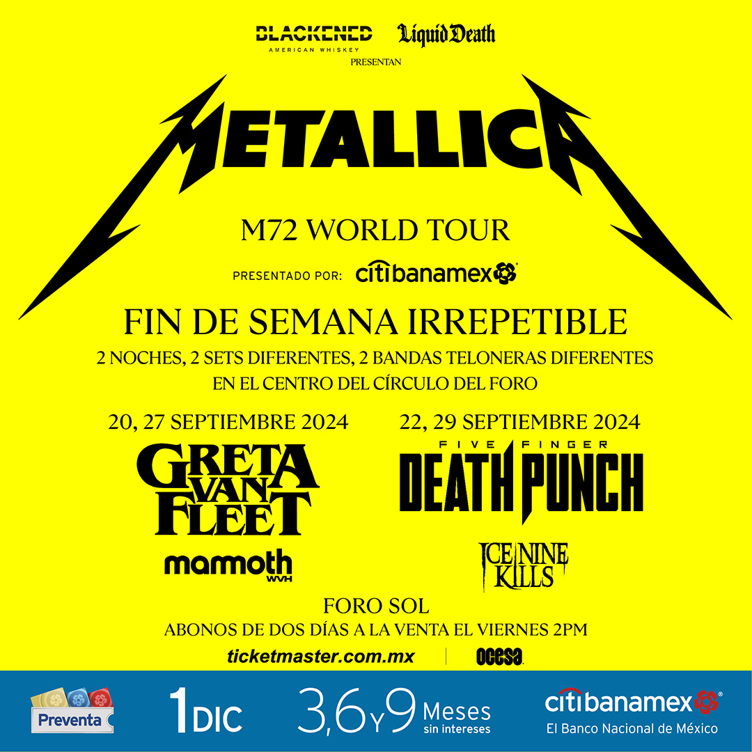 Flyer de los conciertos de Metallica en México 2024