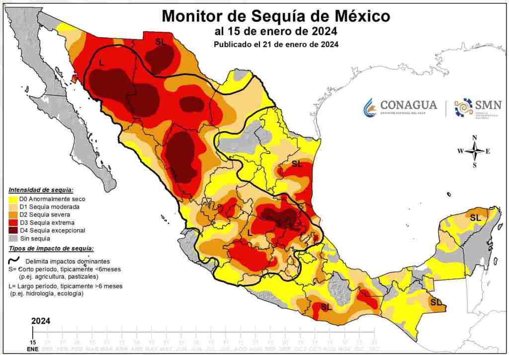 Este mapa muestra las condiciones de sequía en México, de acuerdo con la Conagua.