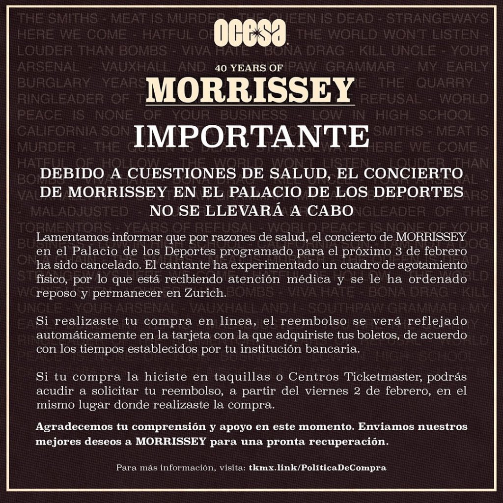 Morrissey cancela concierto cdmx