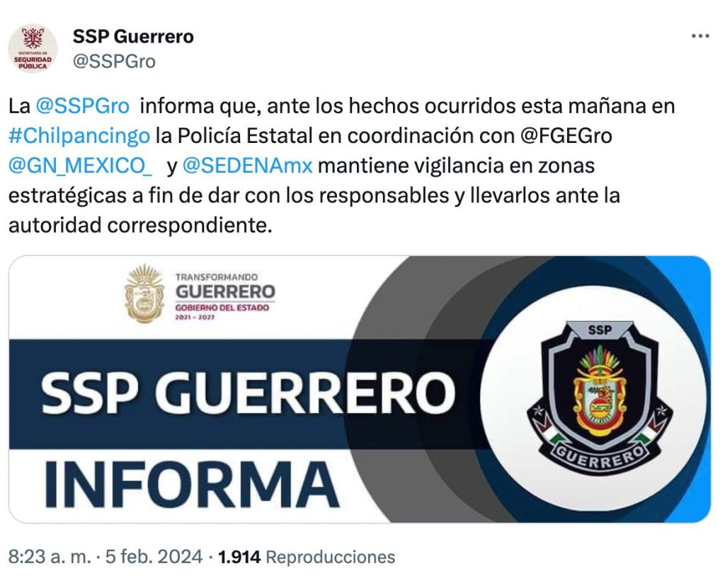 La Secretaría de Seguridad Pública de Guerrero anuncia un operativo por los asesinatos de choferes en Chilpancingo.