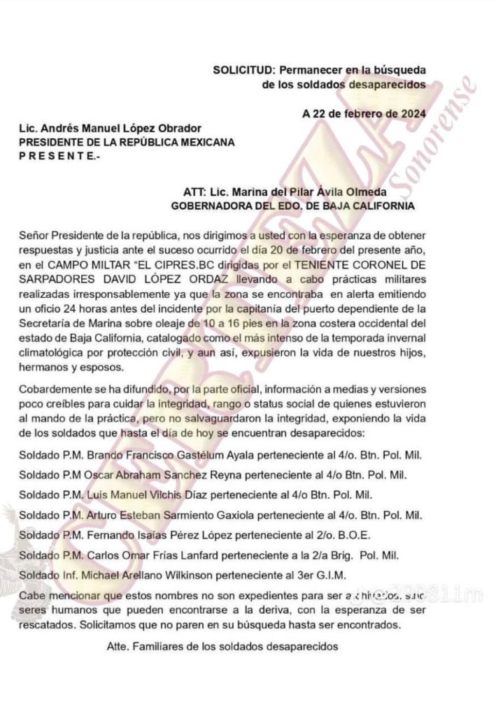 La carta que familiares de los soldados desaparecidos en Ensenada enviaron al presidente AMLO.