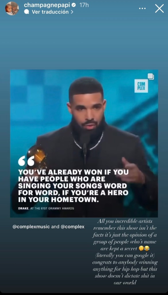 Drake se volvió a quejar de los premios Grammy