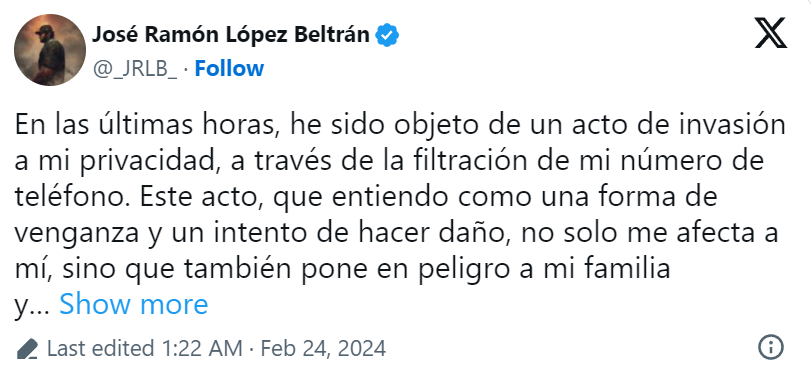 José Ramón López denuncia que revelaron su número como AMLO con el de Natalie Kitroeff