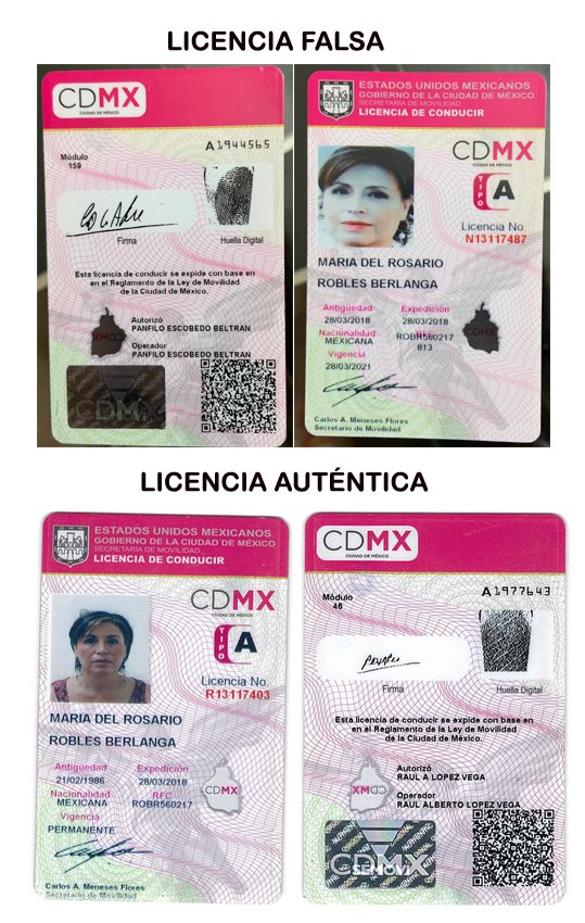 La licencia de conducir que presentó la FGR en el juicio contra Rosario Robles y la licencia de la exfuncionaria.