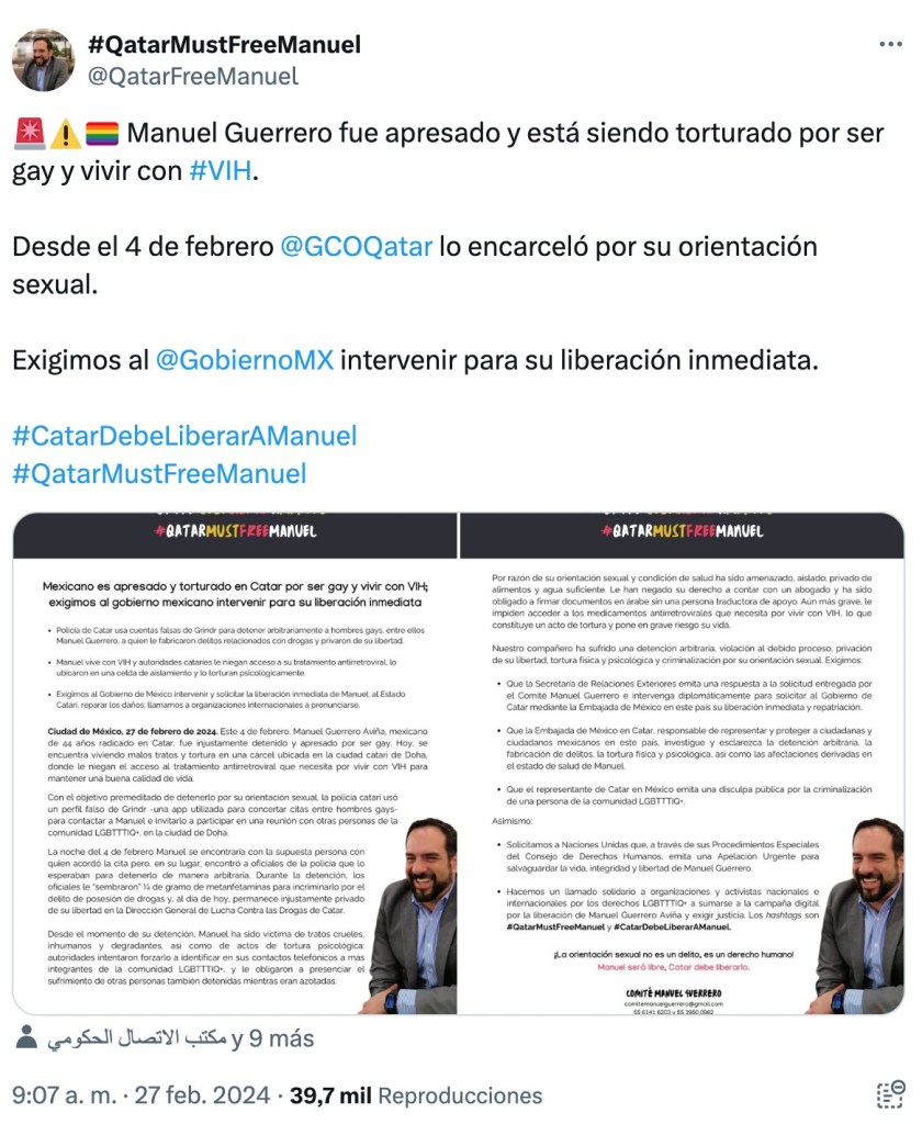 La petición para liberar a Manuel Guerrero de manera inmediata en Qatar. Un mexicano arrestado en Qatar